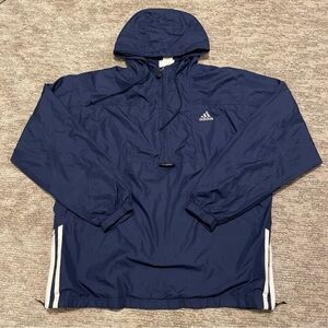 Vintage Adidas 1/4 Zip Dark Blue Hooded Jacket with White Stripes Size L 90s